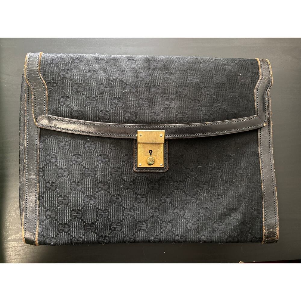 VTG 70s GUCCI Monogram Envelope Clutch Bag Portfolio Leather Trim ITALY RARE